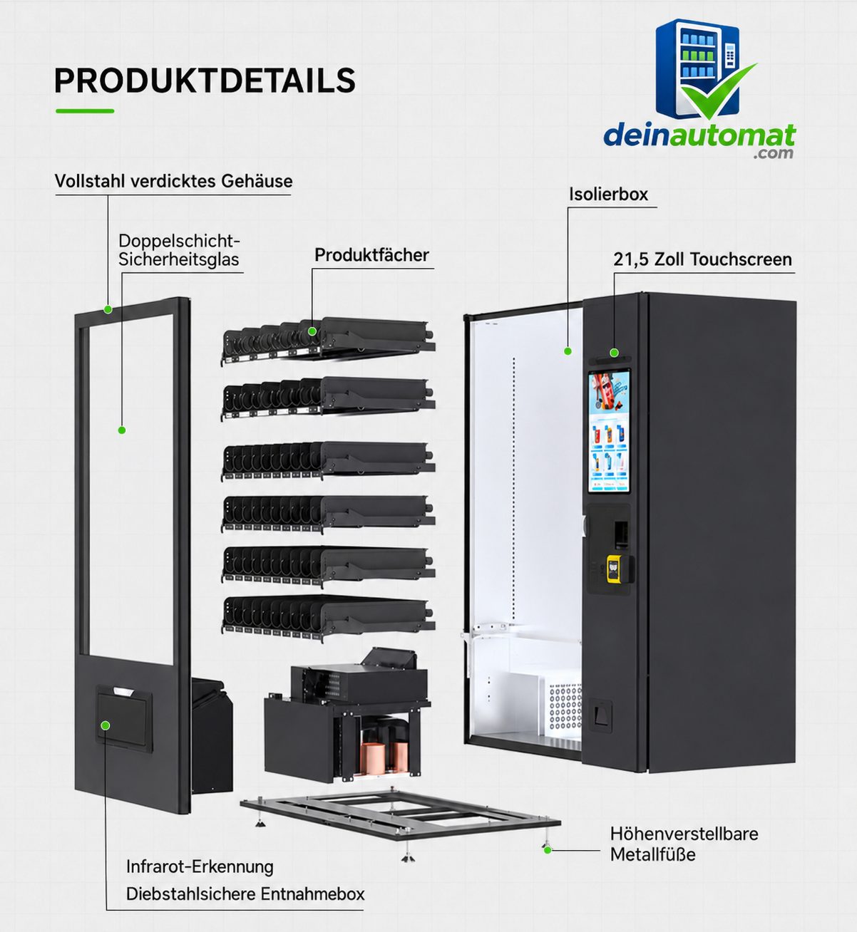 Produktdetails: Vollstahl-Gehäuse, Sicherheitsglas, Produktfächer, 21,5 Zoll Touchscreen, Infrarot-Erkennung
